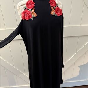 by & by Black cold Shoulder Dress with Red Floral Details